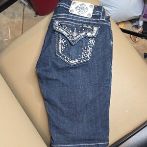 Miss Me Dark Blue Jean Shorts with Silver Embellishments